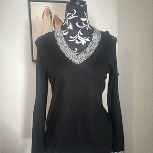 New York & Company Black V-Neck Blouse with White Floral Trim